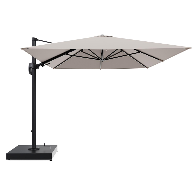 Rufina zweefparasol met tiltfunctie in zwart aluminium en Wander Pilat All Weather Sunbrella® Luxe parasoldoek - L1 400 x L2 300 cm met parasolvoet Minore 260 kg met wielen