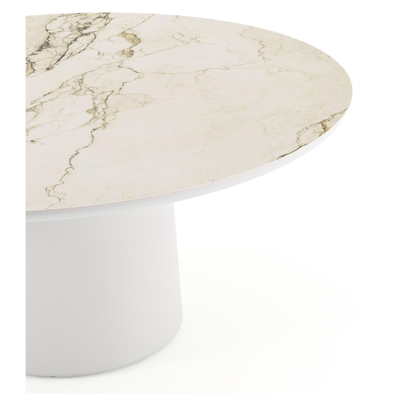 Amico low dining tuintafel rond in wit aluminium en volkeramiek Colorado Dunes - Dia. 148 x H 61 cm