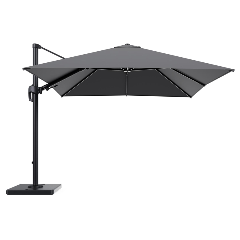 Rufina zweefparasol tiltfunctie in zwart aluminium en parasoldoek in All Weather Sunbrella® Luxe Natte Charcoal Chine - L1 300 x L2 300 cm met parasolvoet Lapido 120 kg