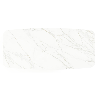 Table de jardin Lacrima forme de bateau en aluminium beige et céramique pleine Calacatta - Lg. 255 x Lrg. 115 x Haut. 74 cm