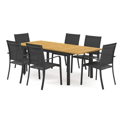 Amalfi tuinset met verlengbare tafel in zwart aluminium en teak tafelblad met 6 stapelbare Calobra tuinstoelen