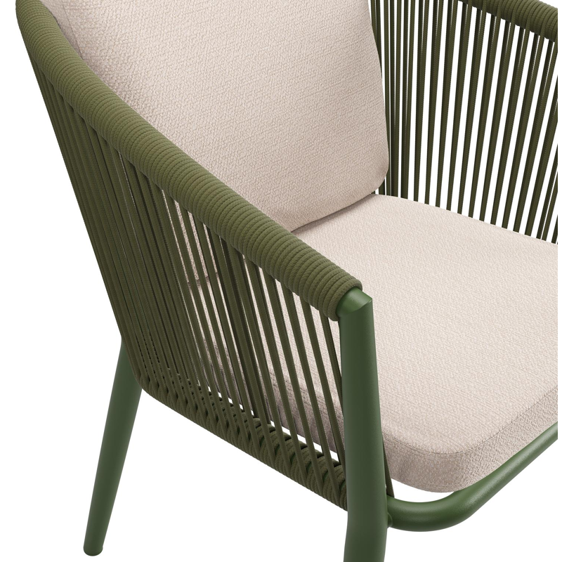 Orso tuinstoel in groen aluminium en groen verticaal geweven ronde rope met luxe zitkussen in All Weather Sunbrella® Luxe Wander Pilat