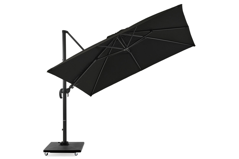 Avola zweefparasol met tiltfunctie in zwart aluminium met zwart sunbrella® premium parasoldoek - L1 300 x L2 300 cm (met voet)