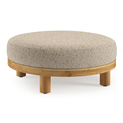Donato lounge poef in teak en beige verticaal geweven ronde rope met all weather cosytica Bora Jungle kussen