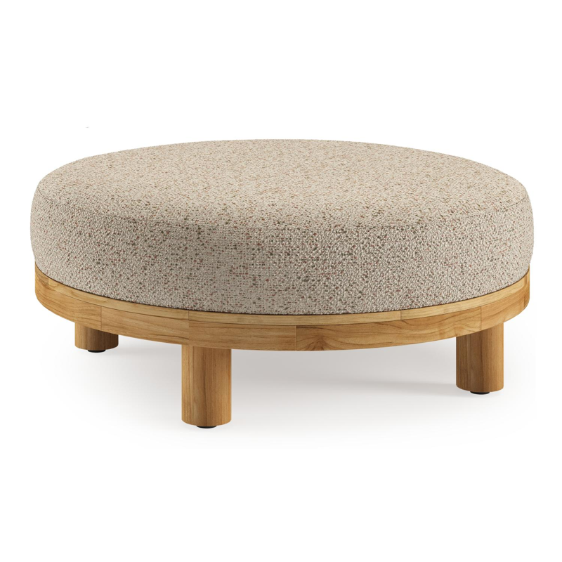 Donato lounge poef in teak en beige verticaal geweven ronde rope met all weather cosytica Bora Jungle kussen