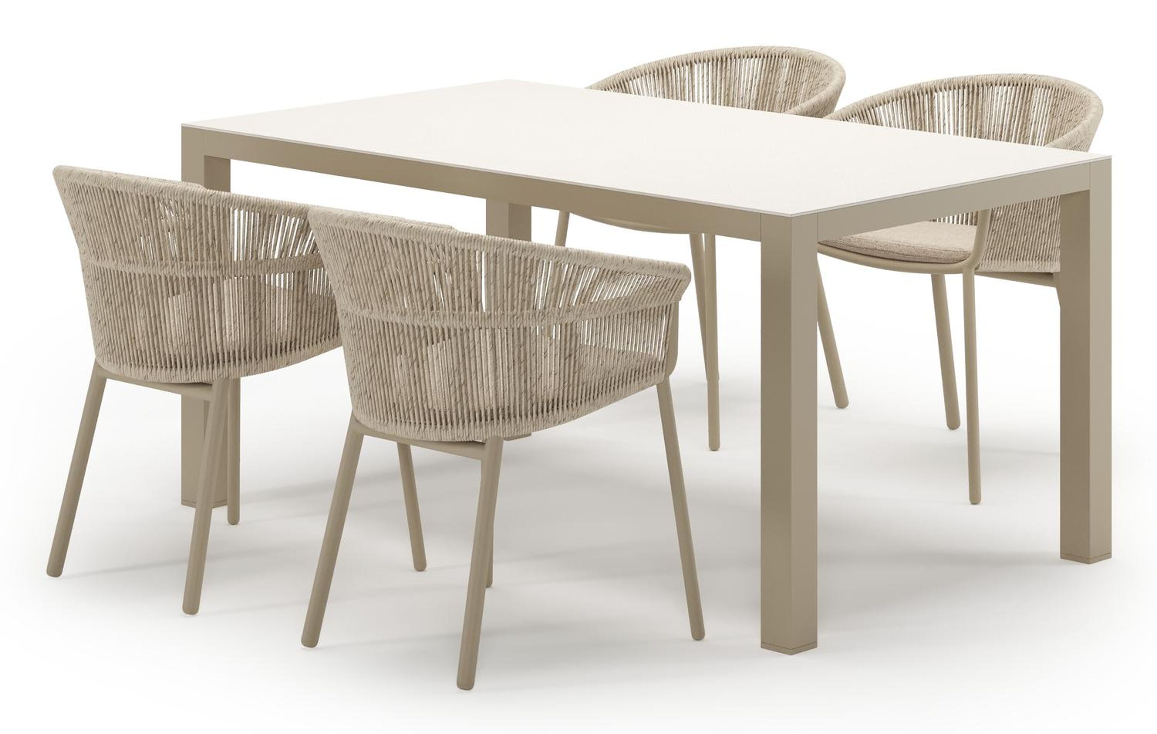 Varese tuinset in beige aluminium en crema minerale sintered stone met 4 stapelbare Matera tuinstoelen