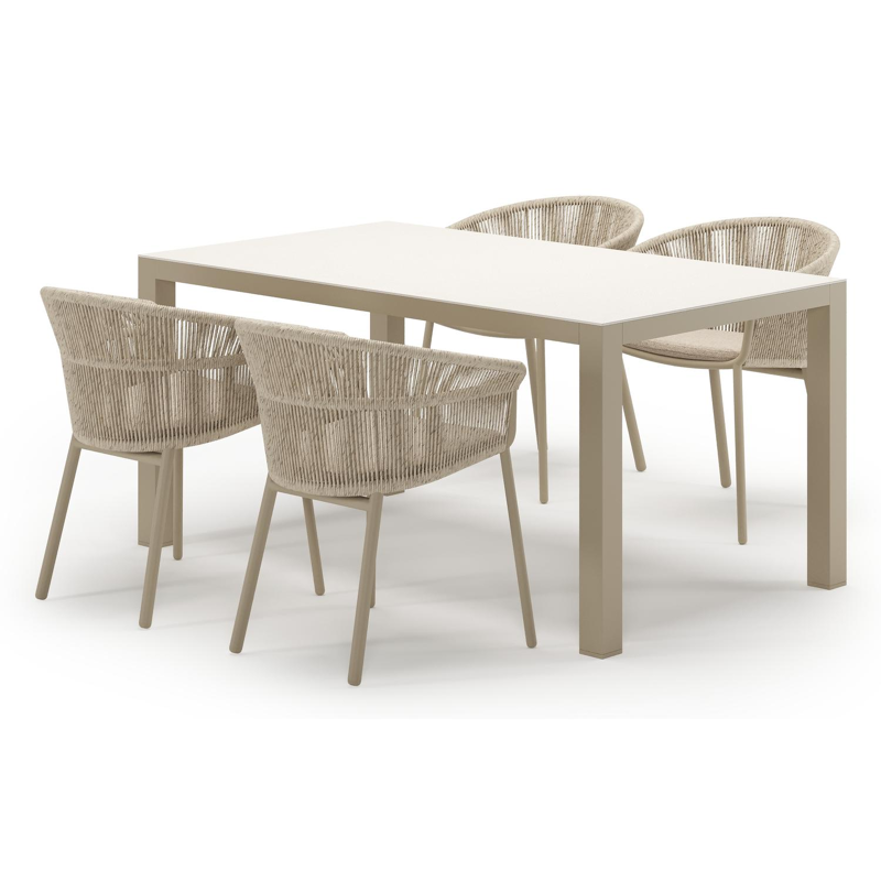 Varese tuinset in beige aluminium en crema minerale sintered stone met 4 stapelbare Matera tuinstoelen