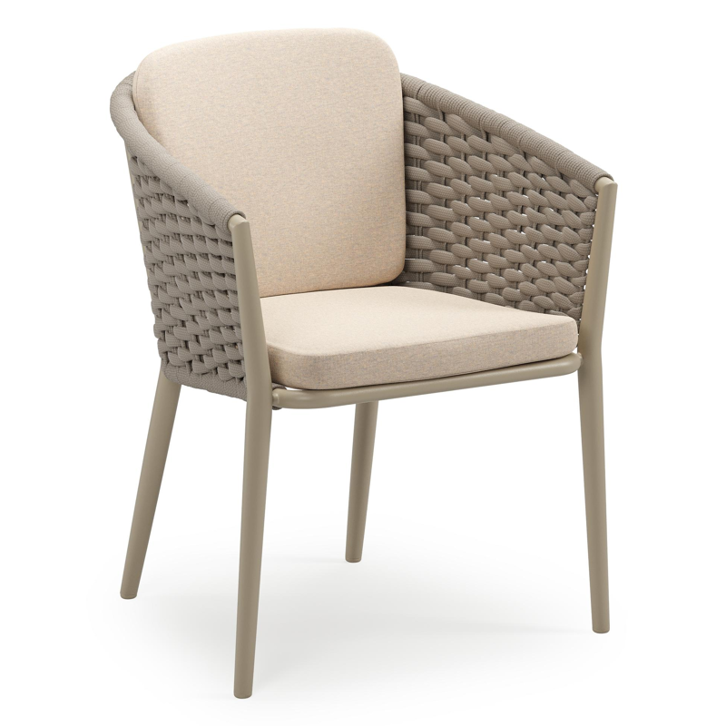 Chaise de jardin empilable Orso en aluminium beige et corde ronde tissée horizontalement beige avec coussin en All Weather Sunbrella® Luxe Heritage Papyrus