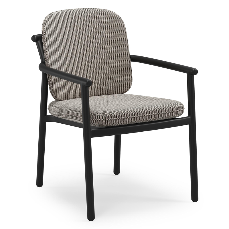 Bono stapelbare tuinstoel in zwart aluminium met stoelkussen in All Weather Sunbrella® Luxe Lopi Pepper