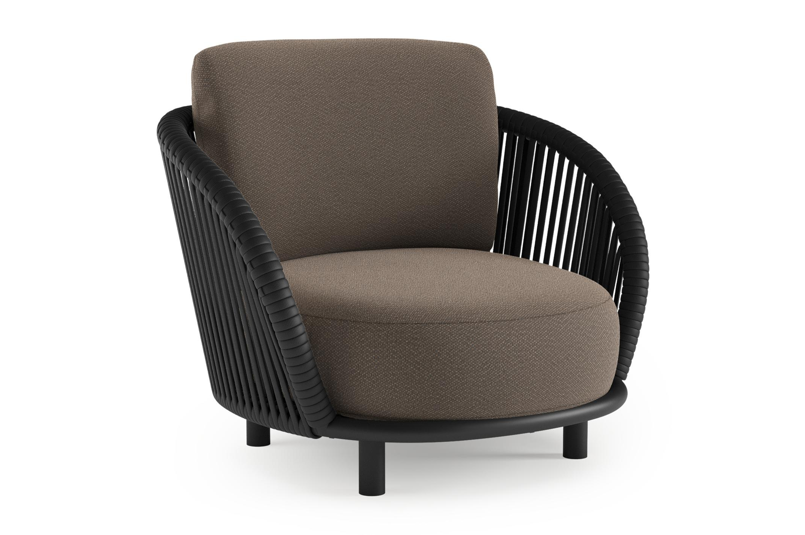 Lupino loungestoel in zwart aluminium en zwart verticaal geweven luxe vlakke brede rope met lopi coconut all weather sunbrella® luxe kussen