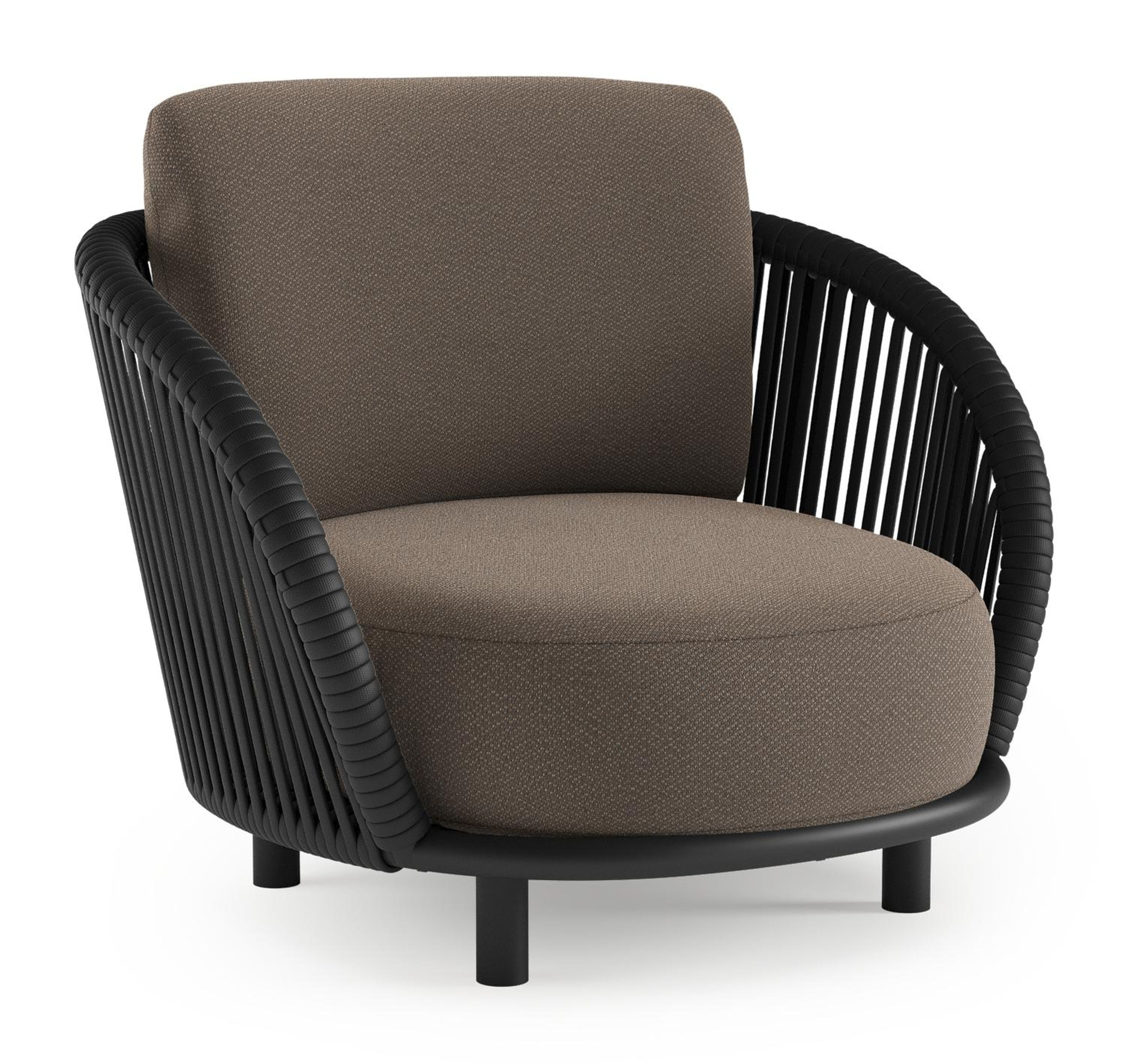 Lupino loungestoel in zwart aluminium en zwart verticaal geweven luxe vlakke brede rope met lopi coconut all weather sunbrella® luxe kussen