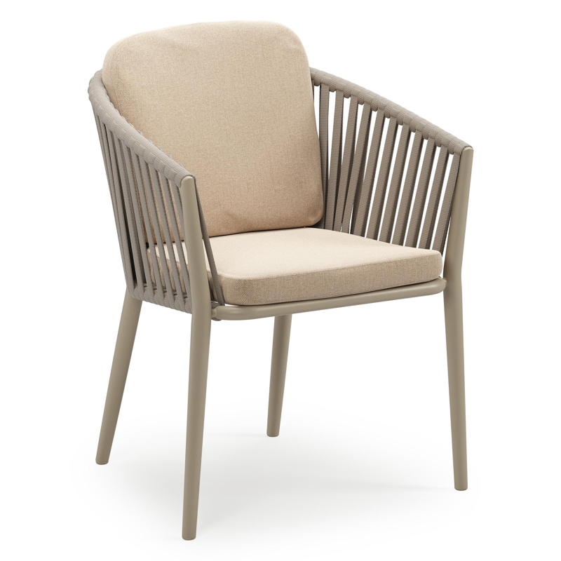 Chaise de jardin empilable Orso en aluminium beige et corde large plate de luxe tissée verticalement beige avec coussin en All Weather Sunbrella® Luxe Natte Heather Beige