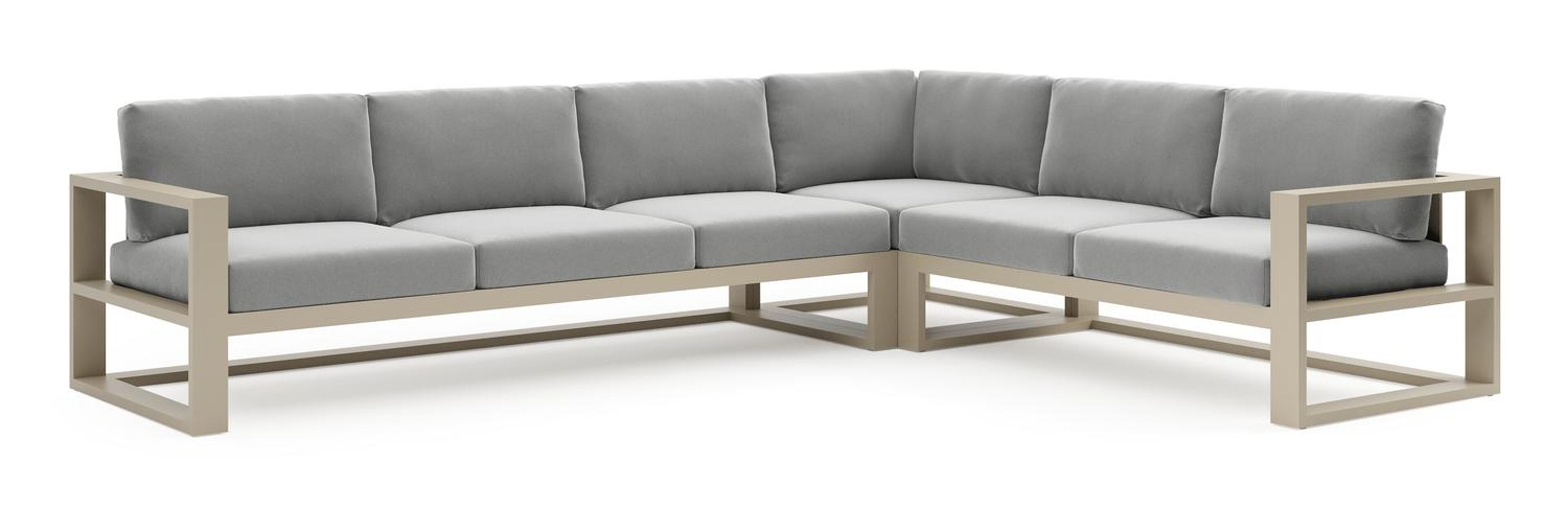 Salon de jardin d'angle Verato en aluminium beige et coussins en all weather sunbrella® luxe savane grey