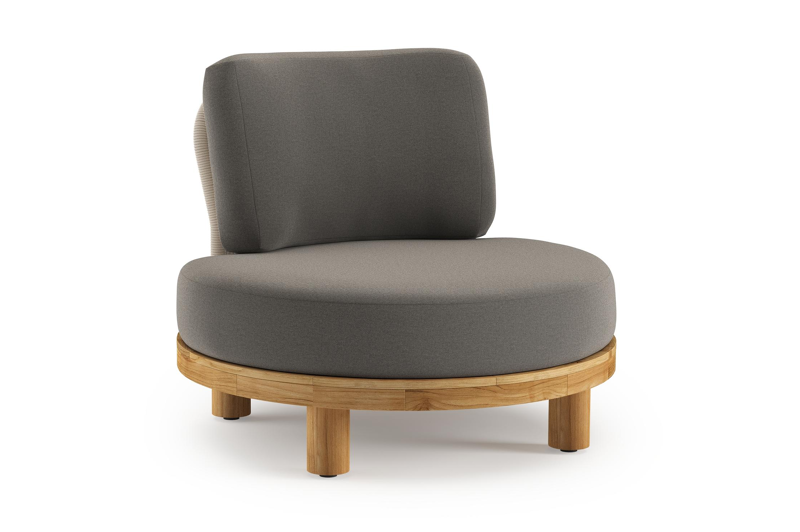 Fauteuil de jardin Donato en teck et corde ronde tissée verticalement beige et coussins en all weather sunbrella® luxe Natte Dark Taupe