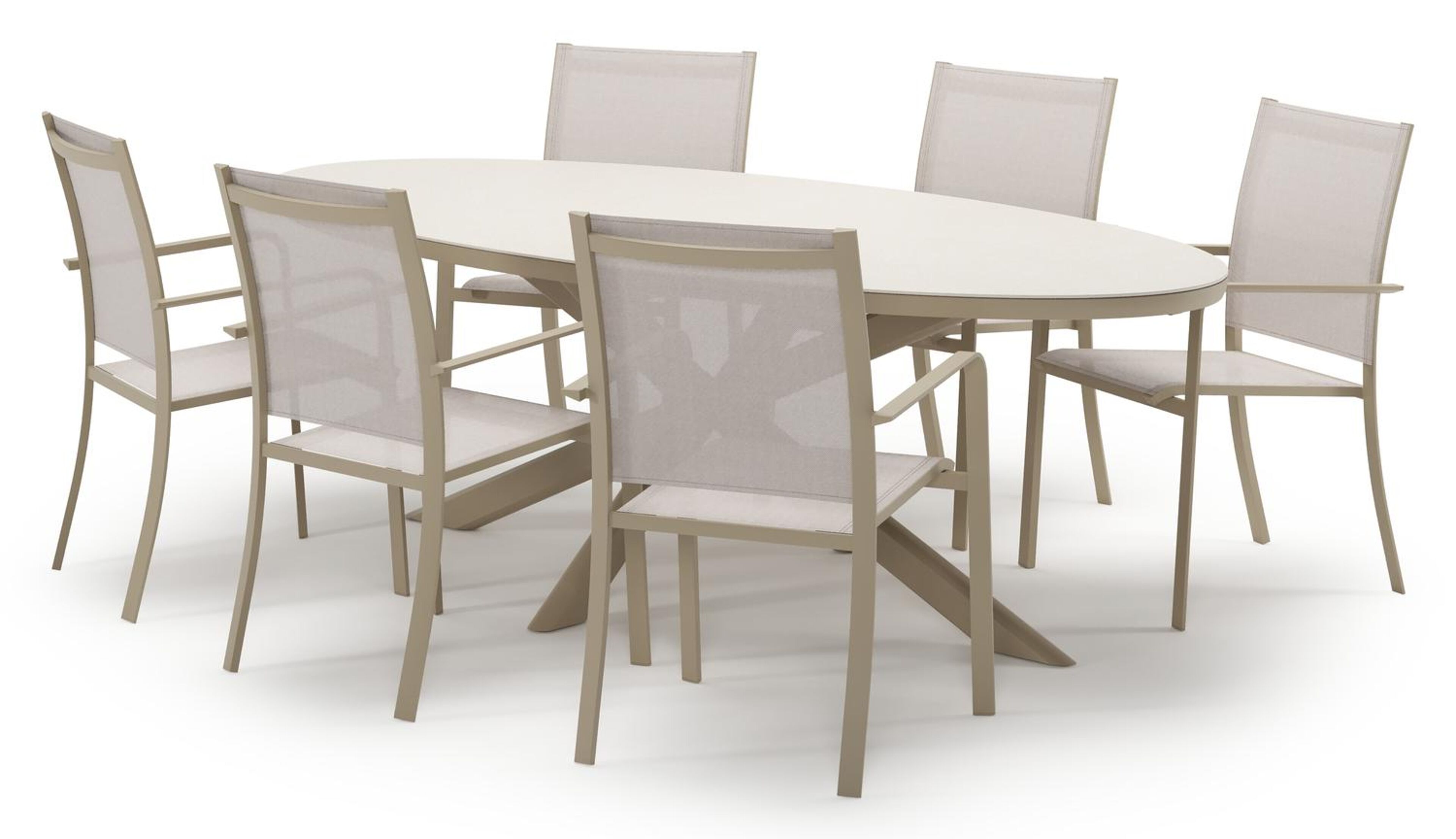 Pamplona tuinset in beige aluminium en crema minerale sintered stone met 6 stapelbare Calobra tuinstoelen