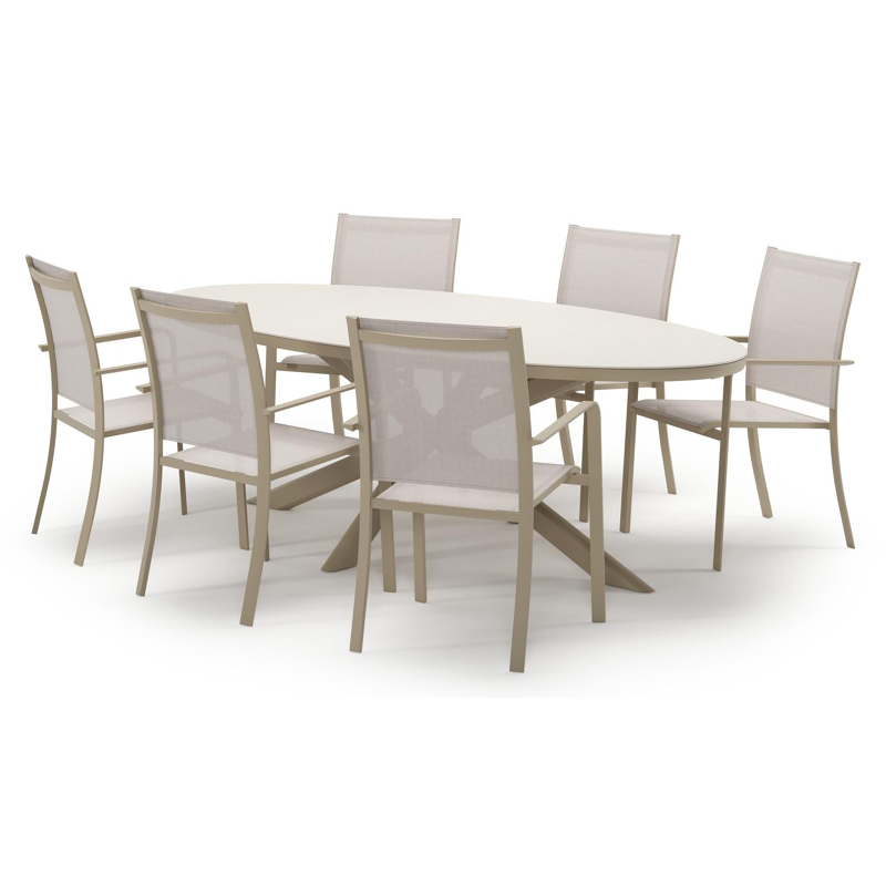 Pamplona tuinset in beige aluminium en crema minerale sintered stone met 6 stapelbare Calobra tuinstoelen
