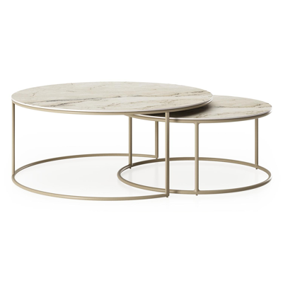 Ensemble de 2 tables d'appoint Fano ronde en aluminium beige et céramique pleine Colorado Dunes - Diam. 85 x Haut. 35 cm