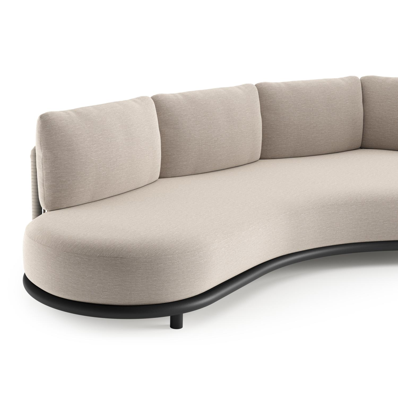 Canapé de jardin Lomano en aluminium noir et corde luxe plate tissée verticalement beige et coussins en all weather sunbrella® luxe slow farafra