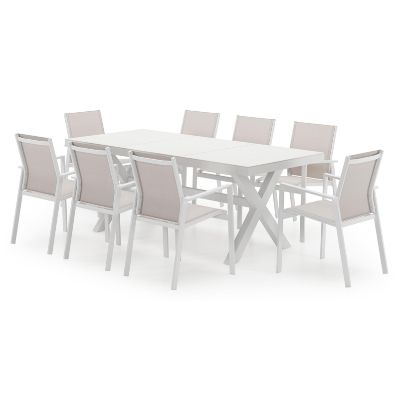 Ensemble de jardin Alora en aluminium blanc et sintered stone gris avec 8 chaises de jardin Bahia