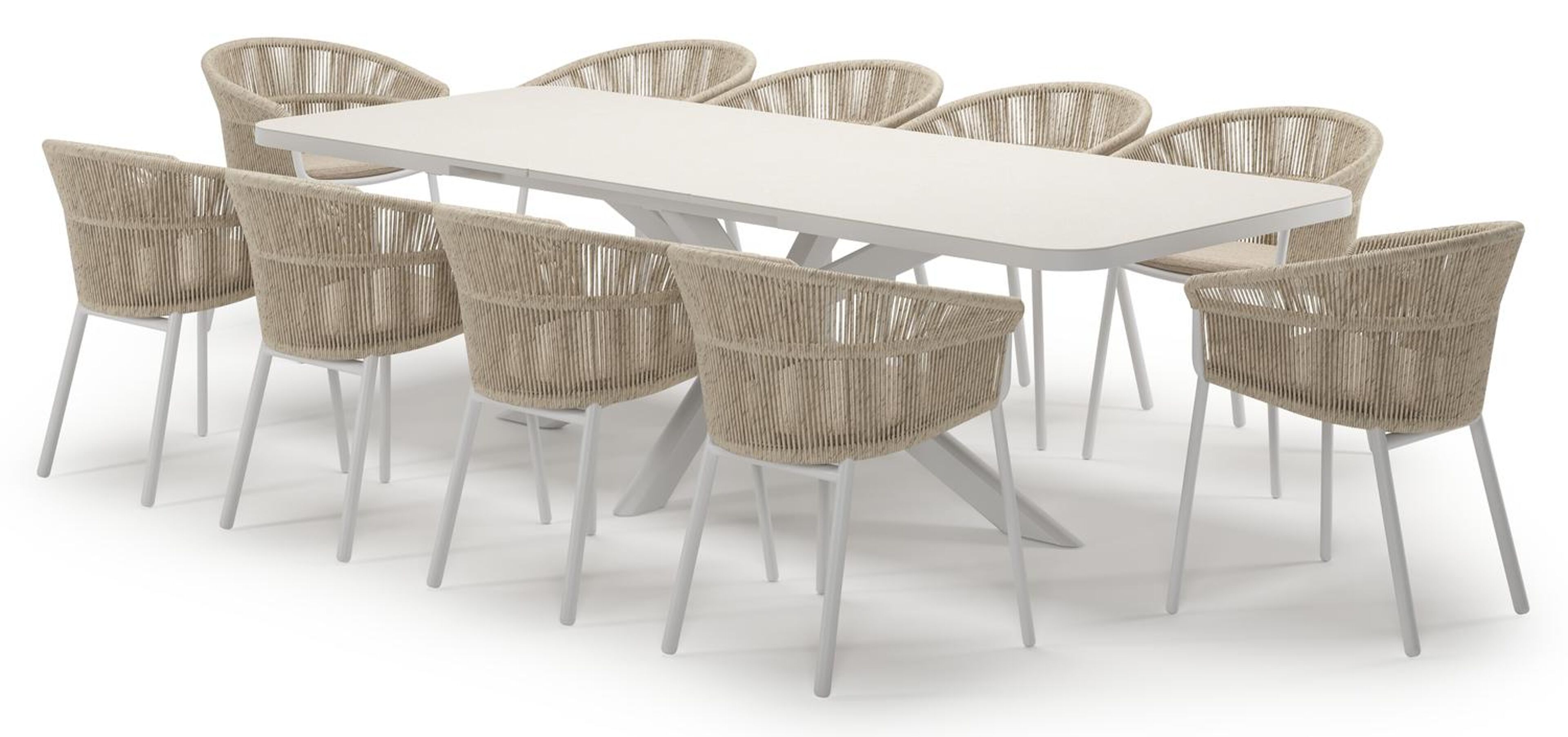 Estella verlengbare tuinset rechthoekig in wit aluminium en sintered stone Crema minerale met 10 Matera tuinstoelen