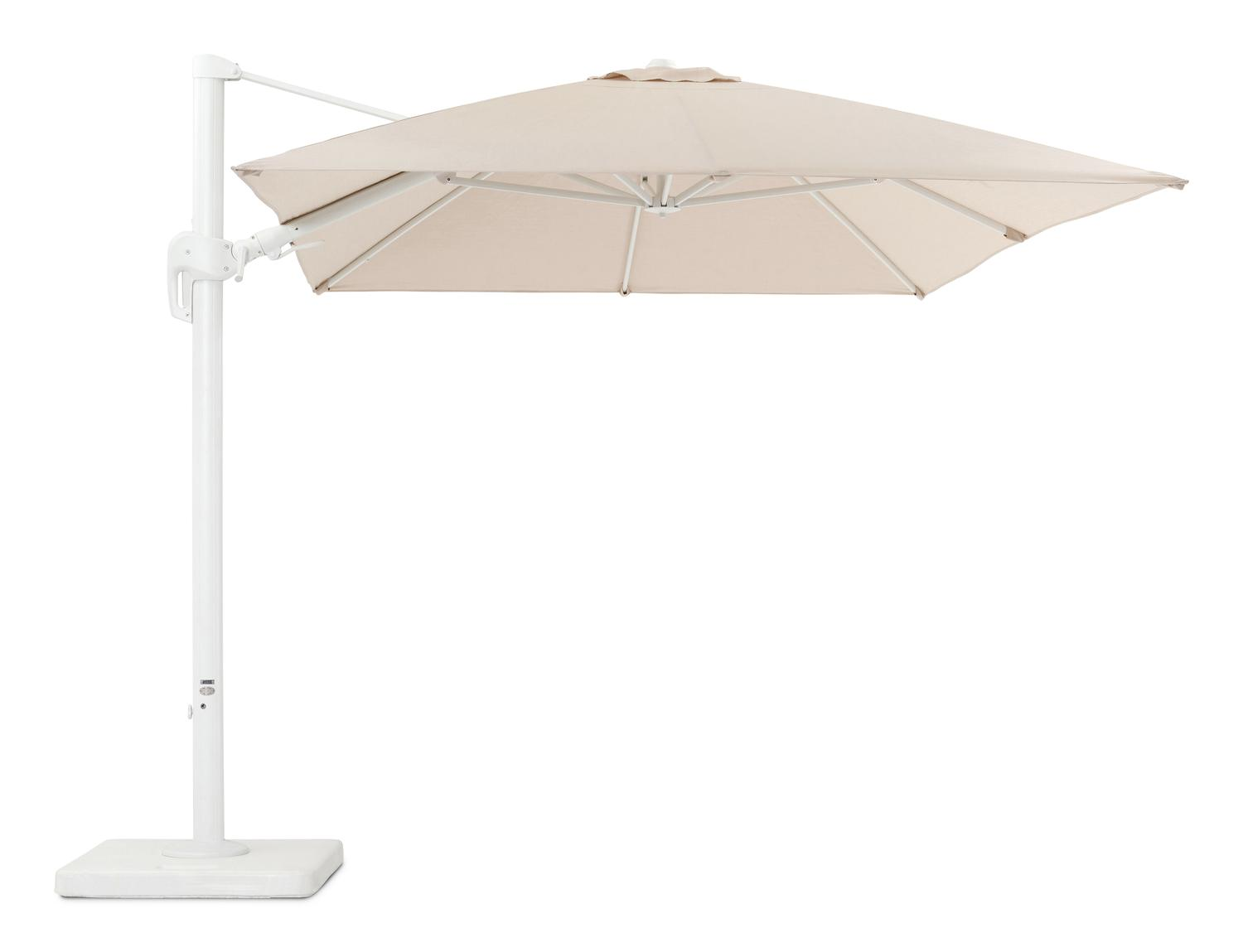Rufina zweefparasol met tiltfunctie in wit aluminium met beige all weather sunbrella® premium parasoldoek - L1: 250 x L2: 350 cm (met voet)