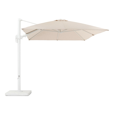 Rufina zweefparasol met tiltfunctie in wit aluminium met beige all weather sunbrella® premium parasoldoek - L1: 250 x L2: 350 cm (met voet)