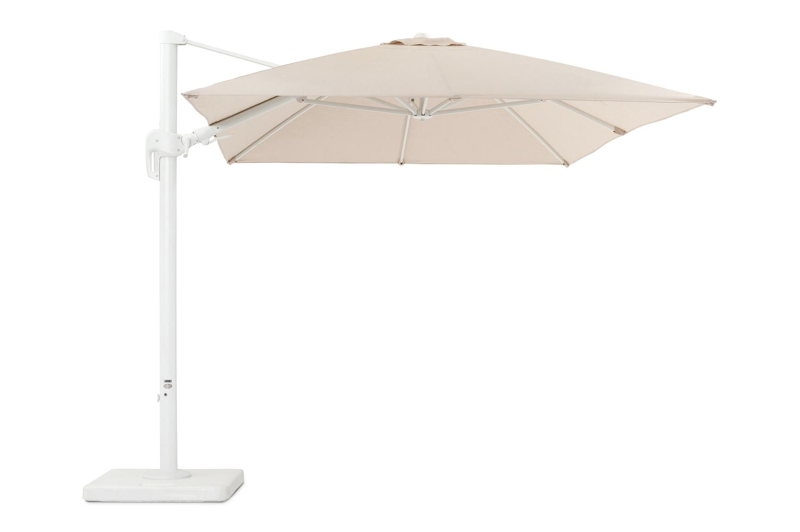 Rufina zweefparasol met tiltfunctie in wit aluminium met beige all weather sunbrella® premium parasoldoek - L1: 250 x L2: 350 cm (met voet)