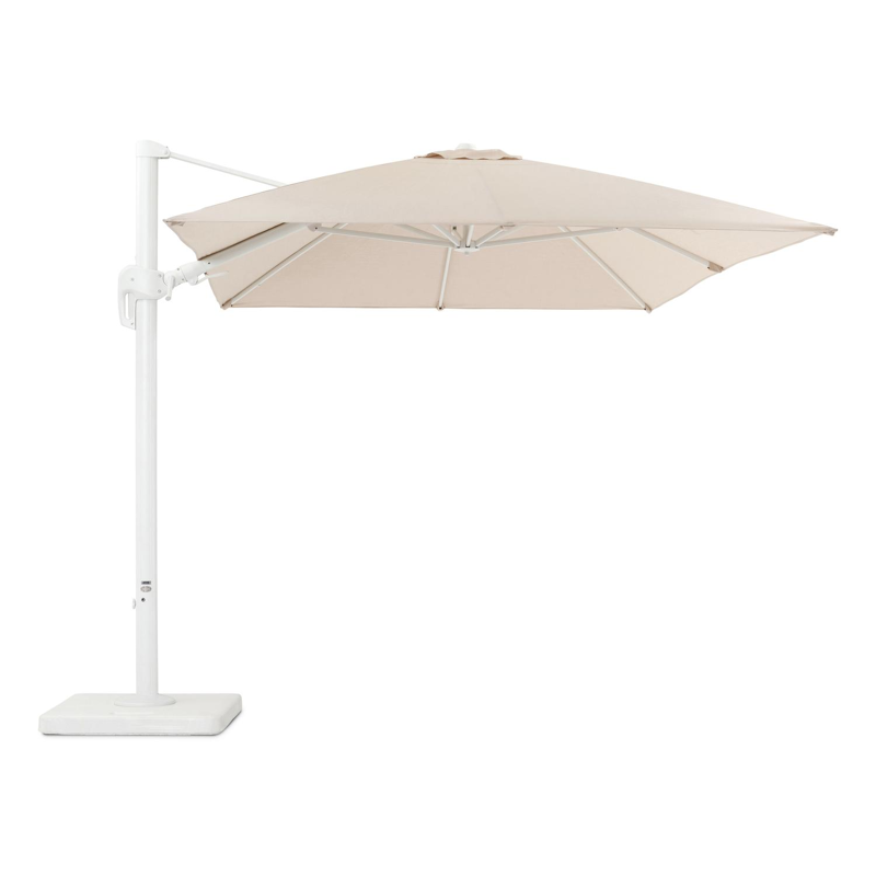 Rufina zweefparasol met tiltfunctie in wit aluminium met beige all weather sunbrella® premium parasoldoek - L1: 250 x L2: 350 cm (met voet)