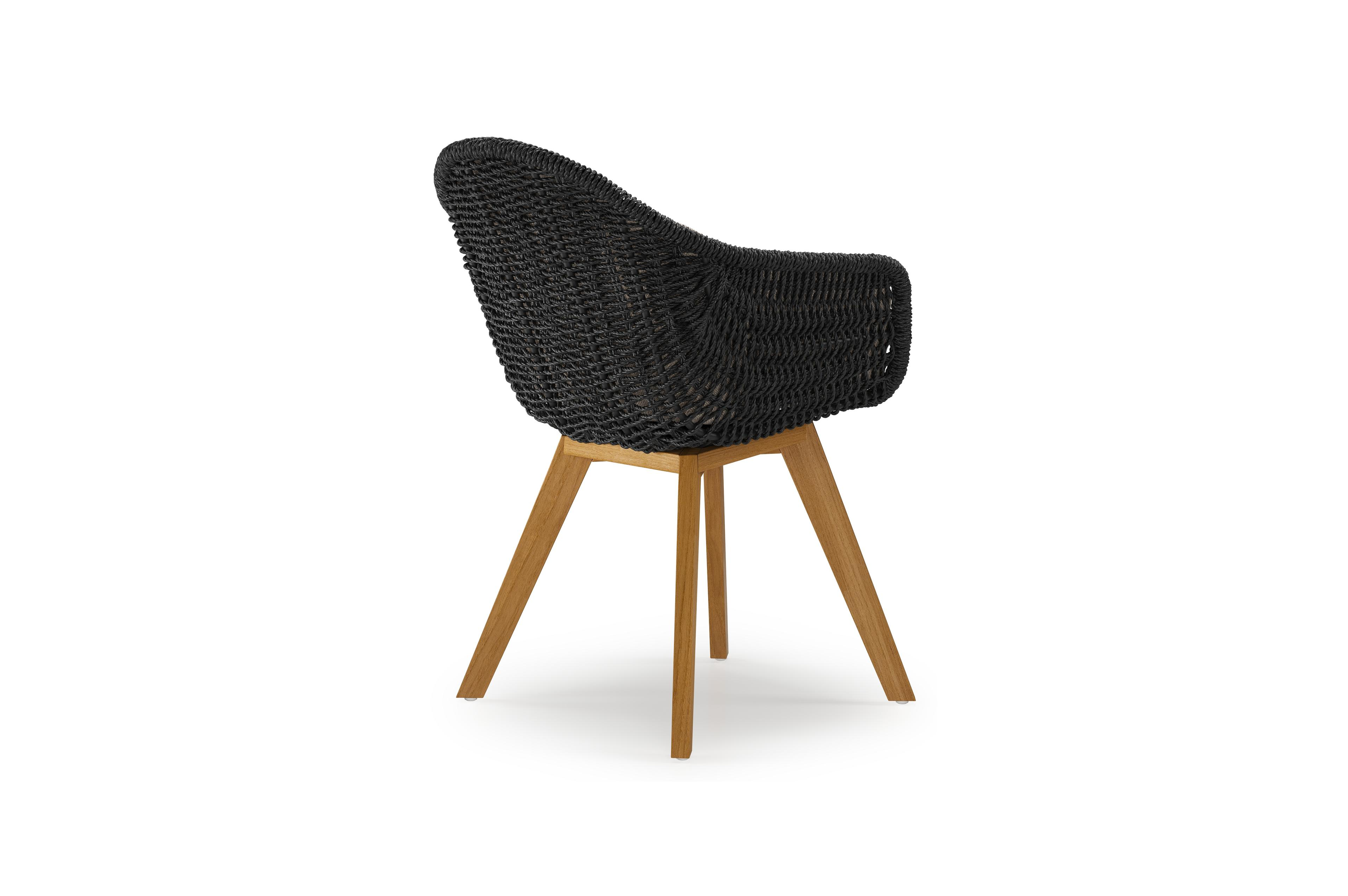 Chaise de jardin Pagino en teck naturel et résine tressée ronde noir avec coussin en All Weather Sunbrella® Luxe Savane Coconut