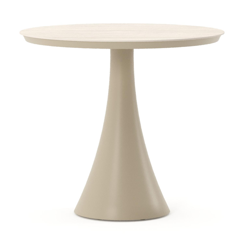 Table de jardin Fano ronde en aluminium beige et céramique pleine Travertino Bianco - Diam. 85 x Haut. 74 cm