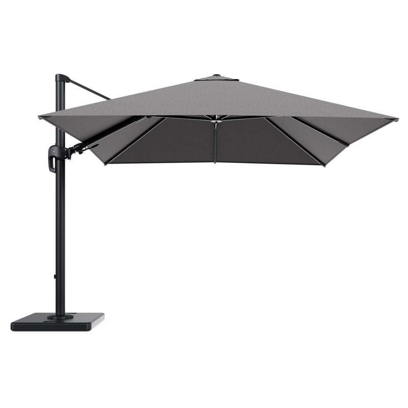 Rufina zweefparasol tiltfunctie in zwart aluminium en parasoldoek in All Weather Sunbrella® Luxe Chartres Drizzle - L1 300 x L2 300 cm met parasolvoet Lapido 120 kg