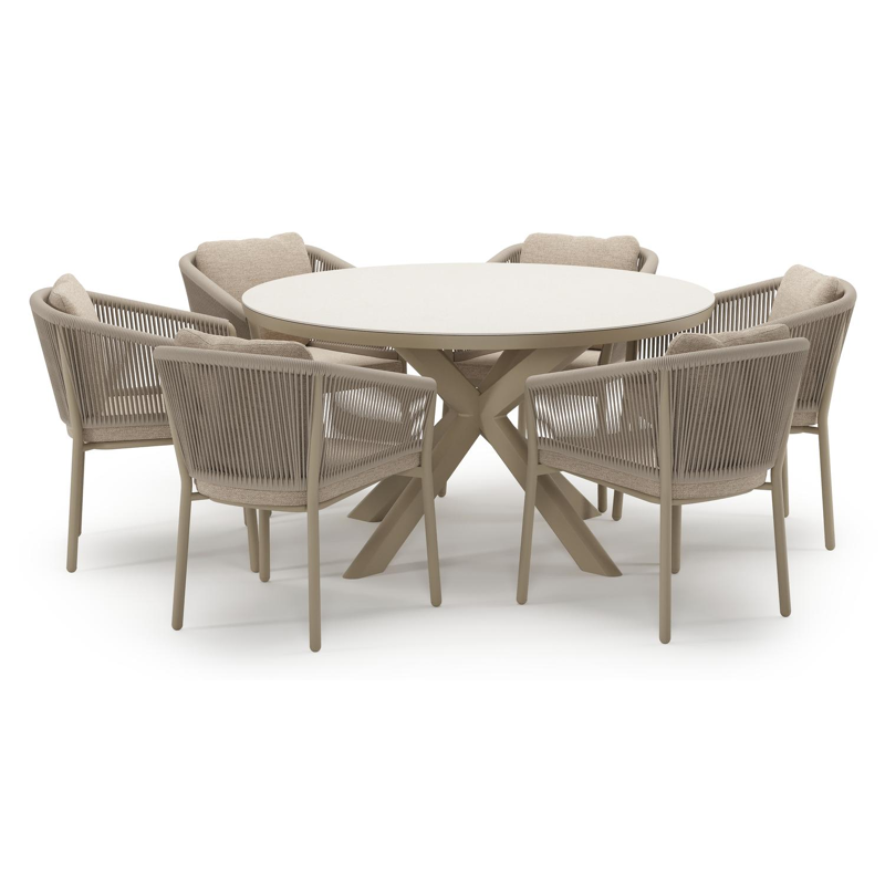 Pamplona tuinset in beige aluminium en crema minerale sintered stone met 6 Gerona tuinstoelen