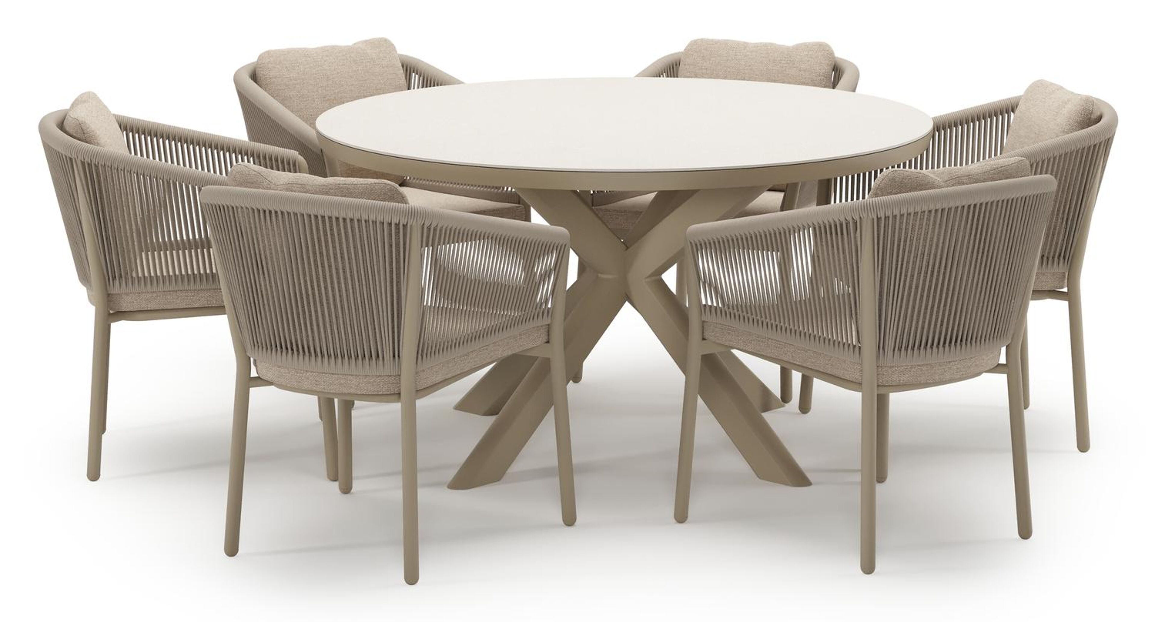 Pamplona tuinset in beige aluminium en crema minerale sintered stone met 6 Gerona tuinstoelen