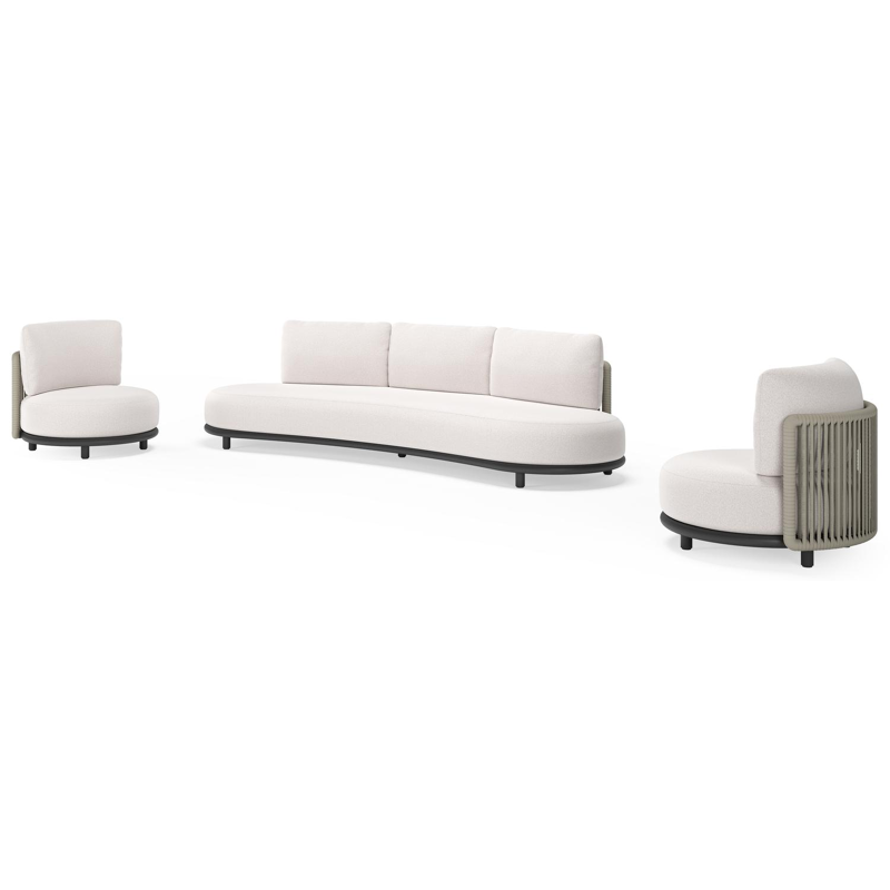Lomano loungeset in zwart aluminium en beige verticaal geweven luxe vlakke rope met Ego Eggshell all weather solica