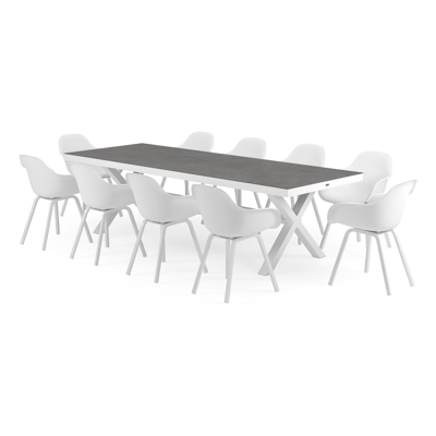 Reza tuinset in wit aluminium en grijs volkeramiek tafelblad met 10 Puglia tuinstoelen