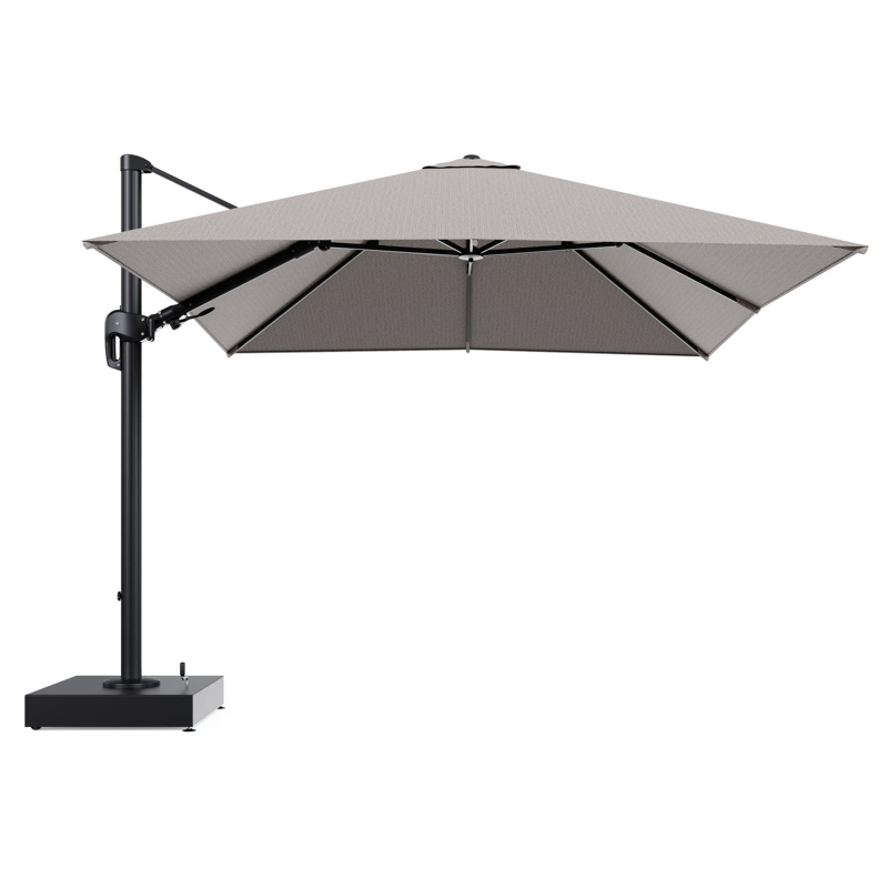 Rufina zweefparasol met tiltfunctie in zwart aluminium en Wander Granite All Weather Sunbrella® Luxe parasoldoek - L1 300 x L2 300 cm met parasolvoet Minore 150 kg met wielen