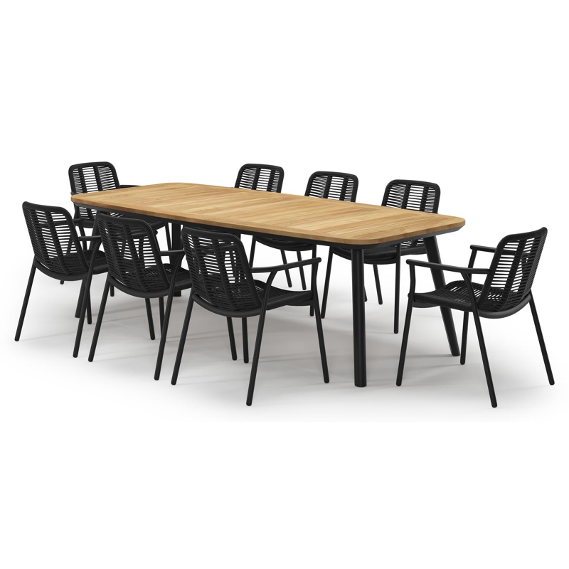 Ensemble de jardin Mosa en aluminium noir et sintered stone natural finish avec 8 chaises de jardin empilable Berga