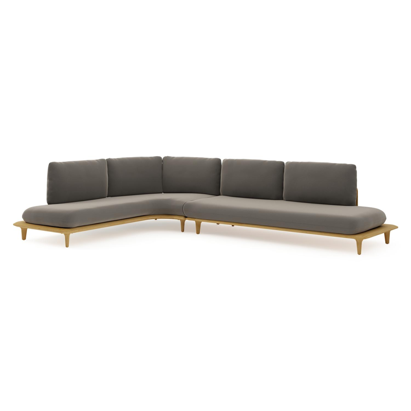 Salon de jardin d'angle Bomero en teck et coussins en all weather sunbrella® luxe natte carbon beige