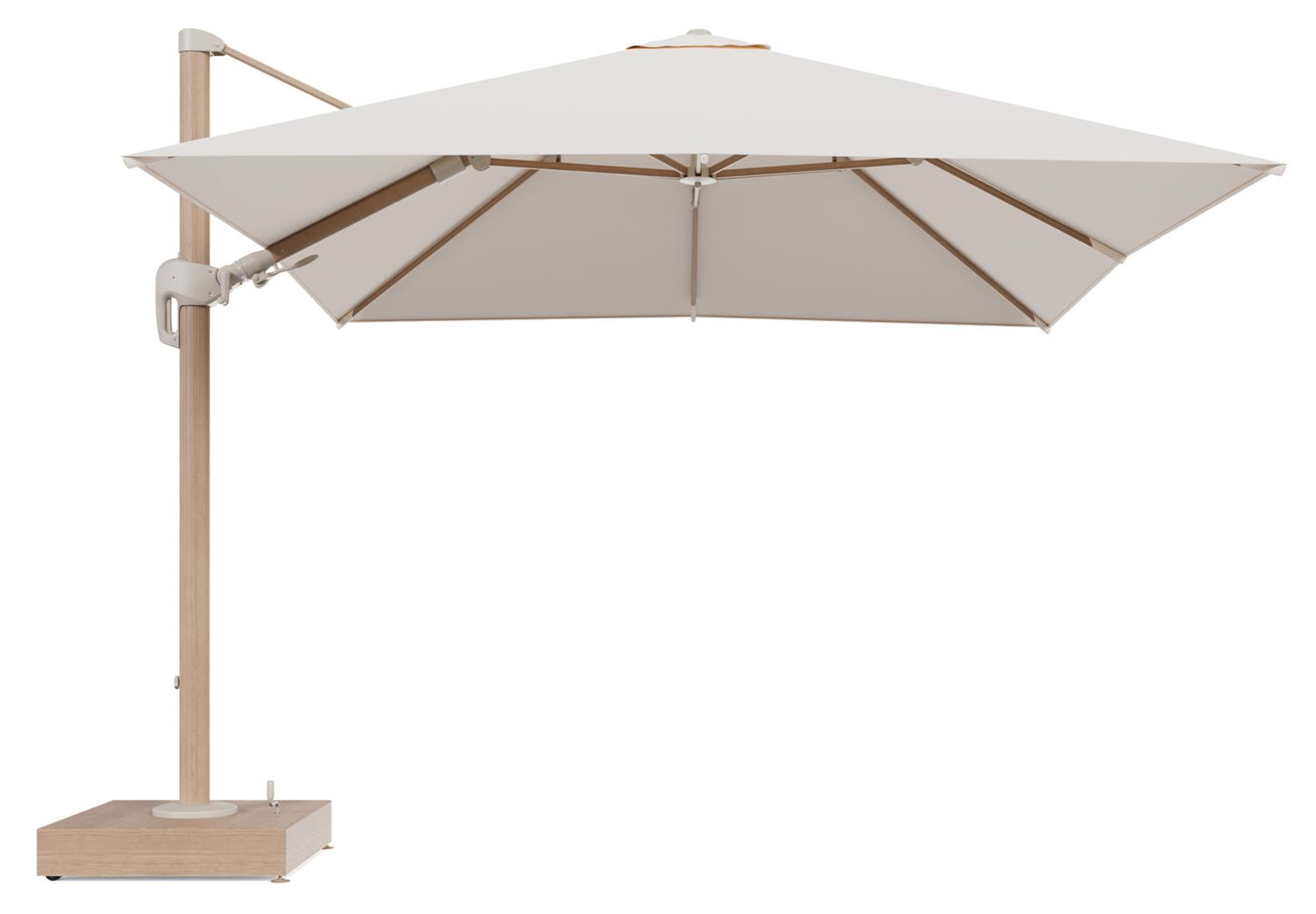 Rufina zweefparasol met tiltfunctie in houtlook aluminium en Natte Linen Chalk All Weather Sunbrella® Luxe parasoldoek - L1 300 x L2 300 cm met parasolvoet Minore 150 kg met wielen
