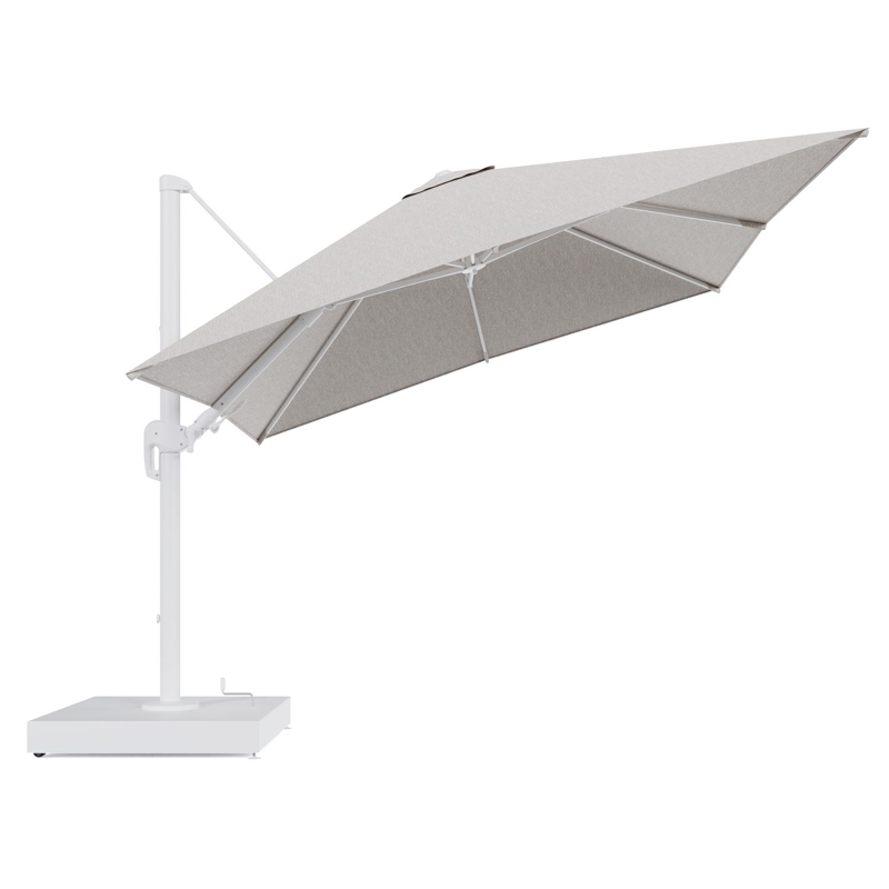 Rufina zweefparasol met tiltfunctie in wit aluminium en Tundra Sand All Weather Sunbrella® Luxe parasoldoek - L1 300 x L2 300 cm met parasolvoet Minore 260 kg met wielen