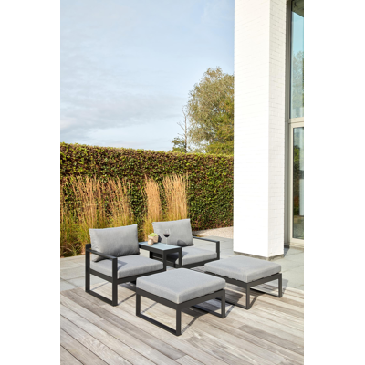 Caldela loungeset in zwart aluminium met grijs polyester kussens en loungetafel