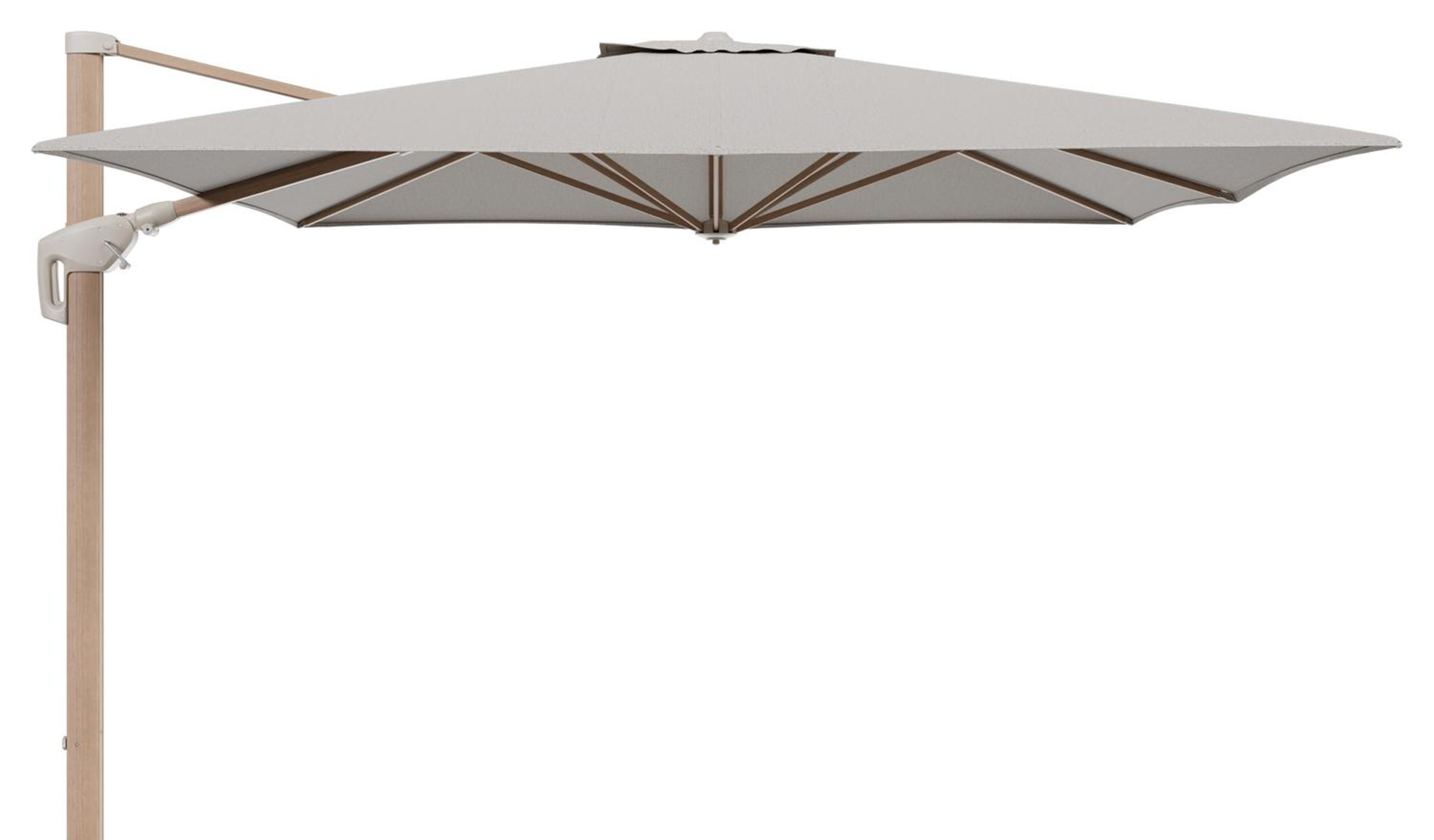 Minore zweefparasol met tiltfunctie in houtlook aluminium en Firenze Sand All Weather Solica parasoldoek - L1 350 x L2 350 cm (zonder voet) (zonder voet)