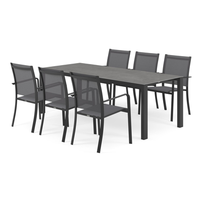 Ensemble de jardin Trente en aluminium noir avec plateau de table en céramique pleine gris et 6 chaises de jardin empilables Calobra