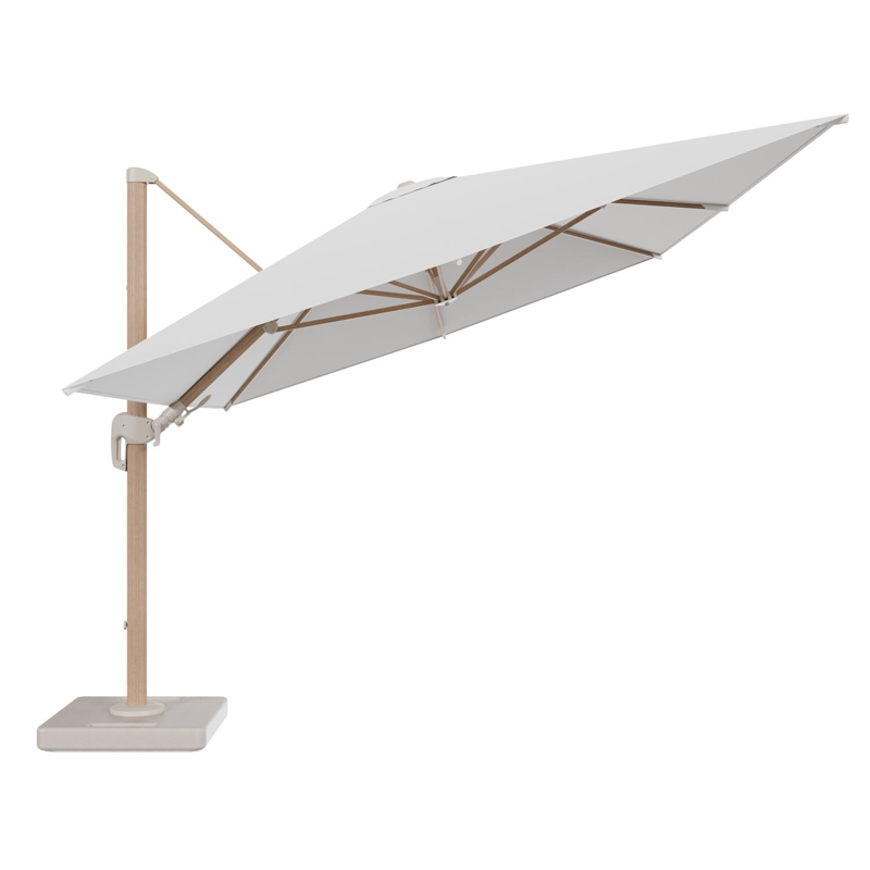 Rufina zweefparasol tiltfunctie in houtlook aluminium en parasoldoek in All Weather Solica Soul Optik - L1 400 x L2 300 cm met parasolvoet Lapido 160 kg