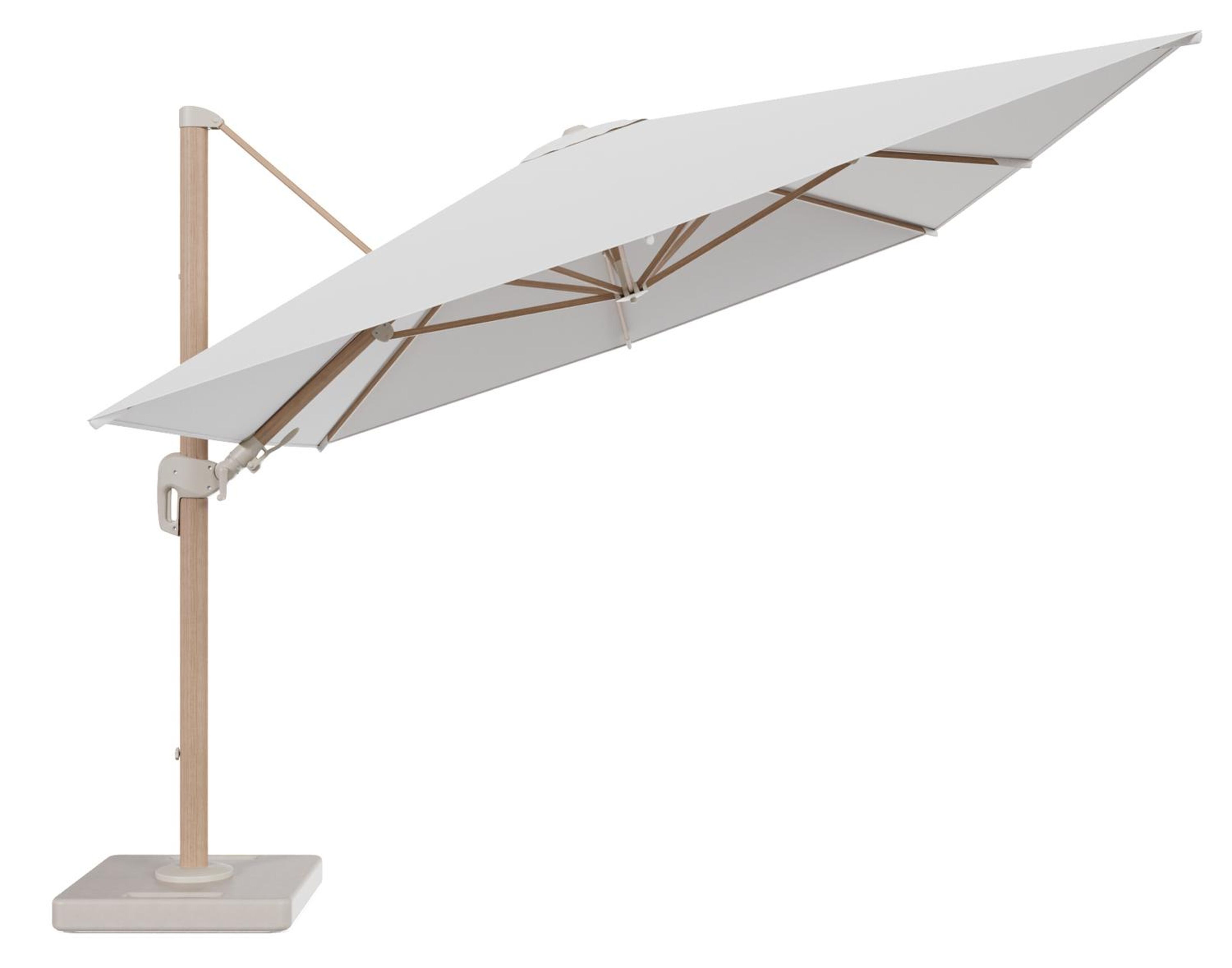 Rufina zweefparasol tiltfunctie in houtlook aluminium en parasoldoek in All Weather Solica Soul Optik - L1 400 x L2 300 cm met parasolvoet Lapido 160 kg