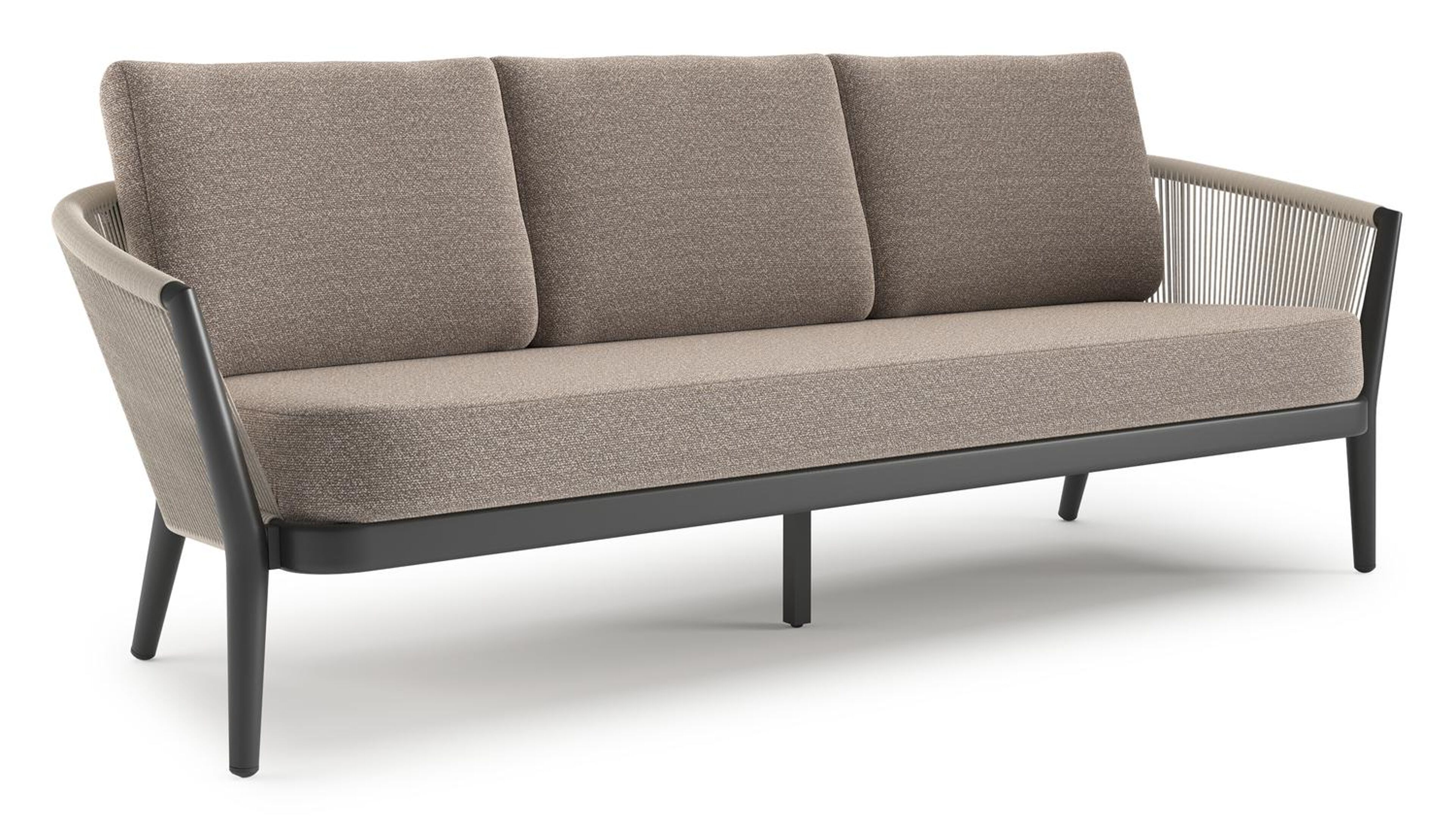 Orso loungebank in zwart aluminium en beige verticaal geweven ronde rope met Wander Manioc all weather sunbrella® luxe kussen