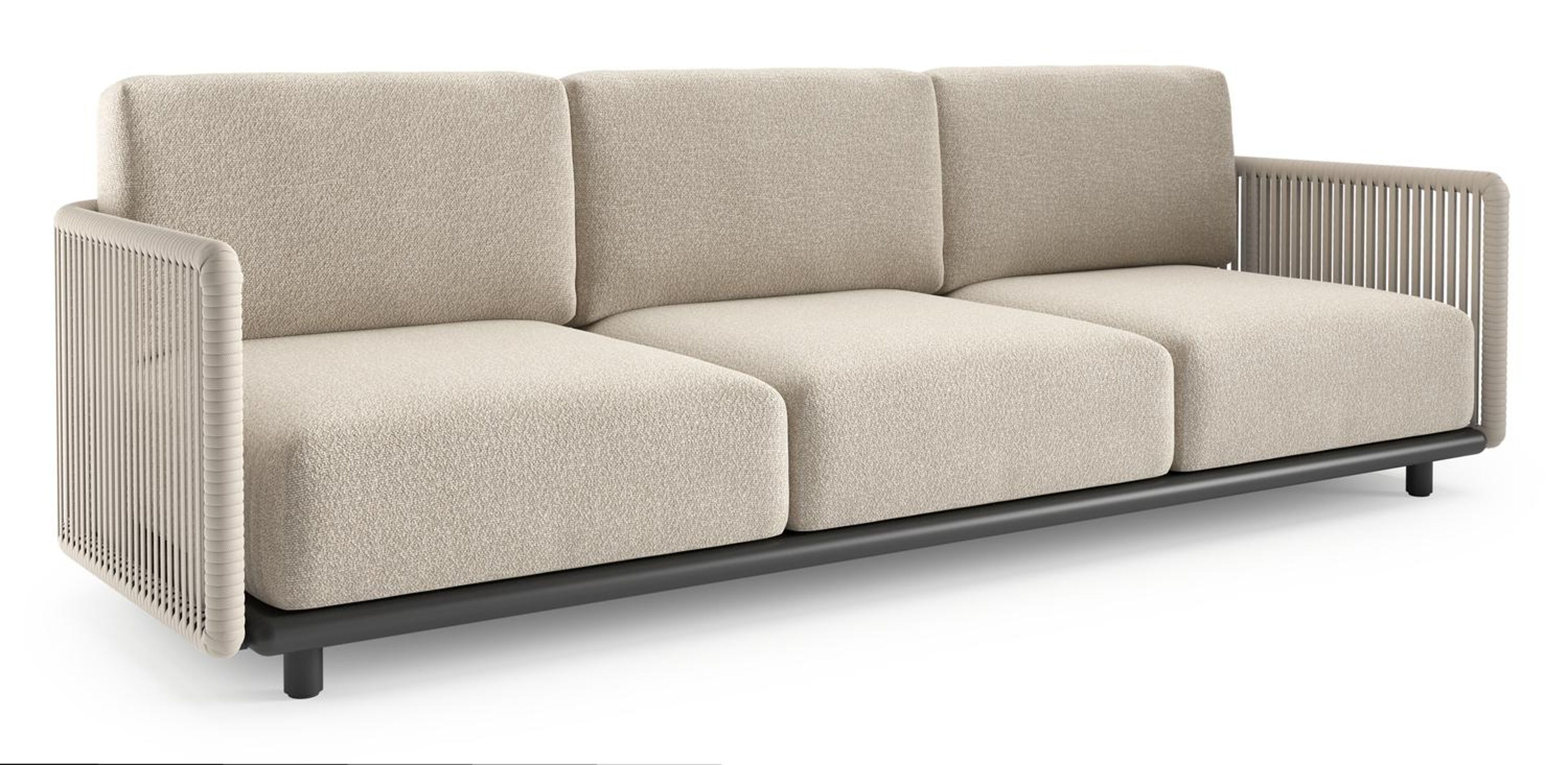 Organo loungebank in zwart aluminium en beige verticaal geweven luxe vlakke rope met marbella ecru all weather Cosytica kussen