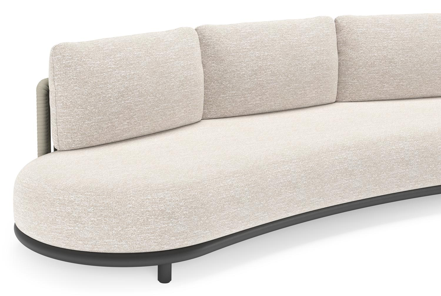 Canapé de jardin Lomano en aluminium noir et corde luxe plate tissée verticalement beige et coussins en all weather sunbrella® luxe Tundra Sand