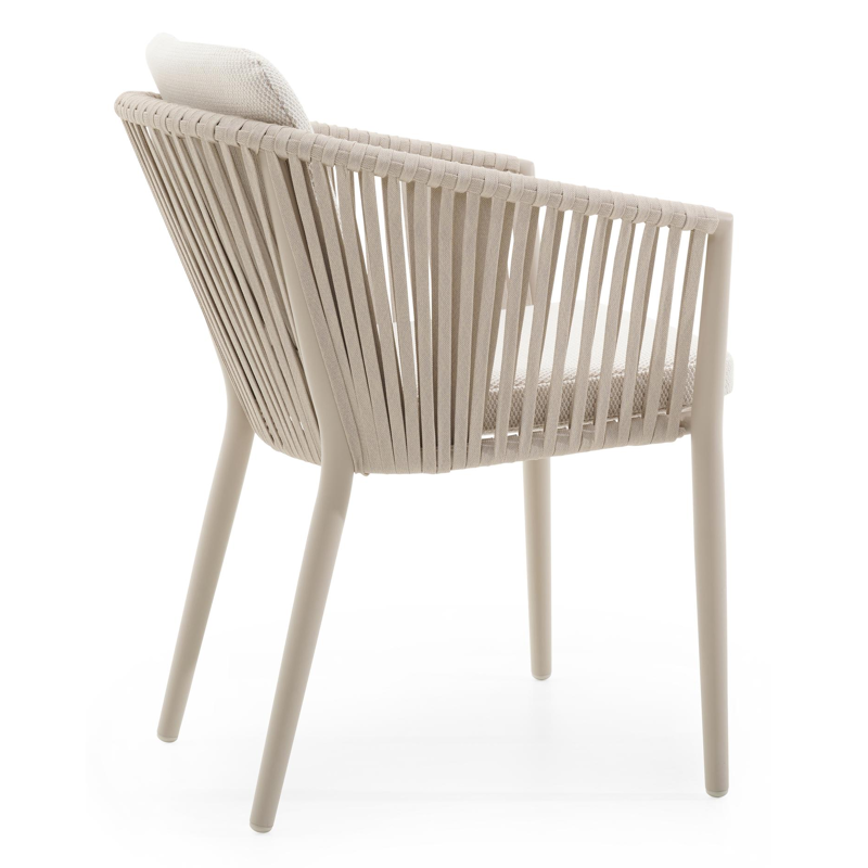 Orso tuinstoel in beige aluminium en beige verticaal geweven vlakke rope met Lopi Marble All Weather Sunbrella® Luxe kussen