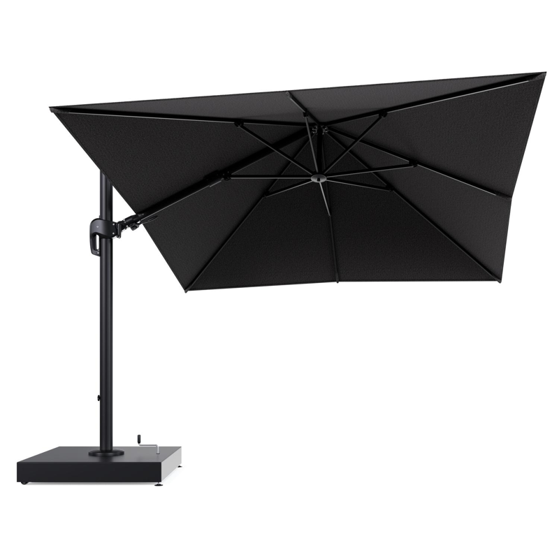 Rufina zweefparasol met tiltfunctie in zwart aluminium en Firenze Tunder All Weather Solica parasoldoek - L1 300 x L2 300 cm met parasolvoet Minore 260 kg met wielen